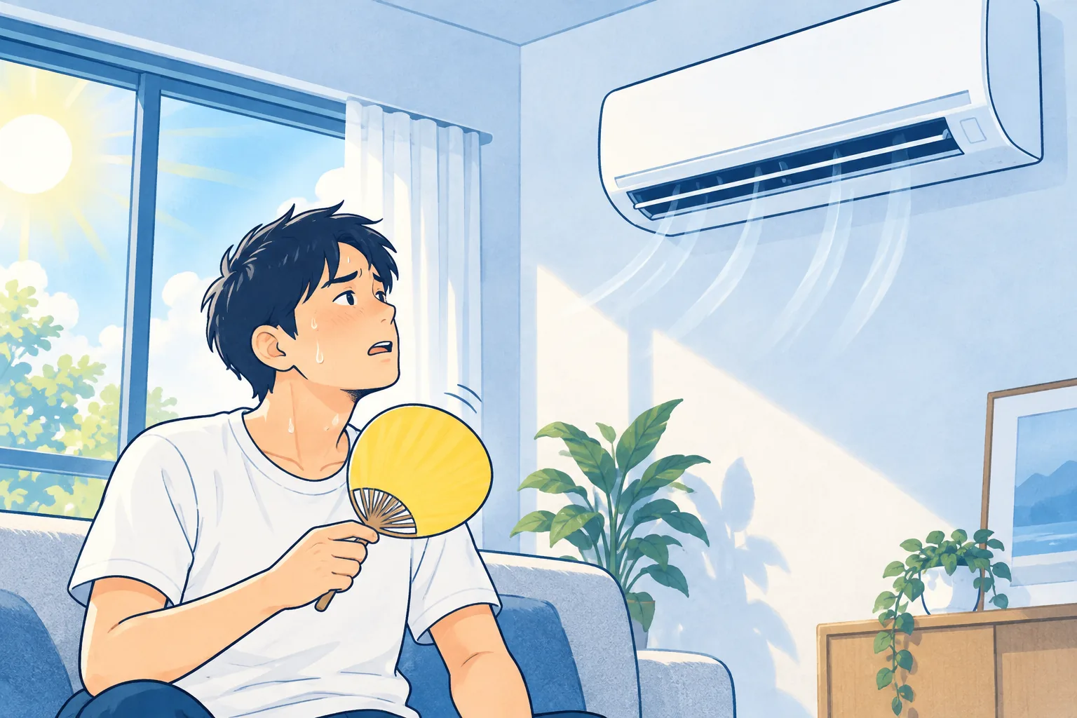 冷房が効かず暑さを感じる人のイラスト