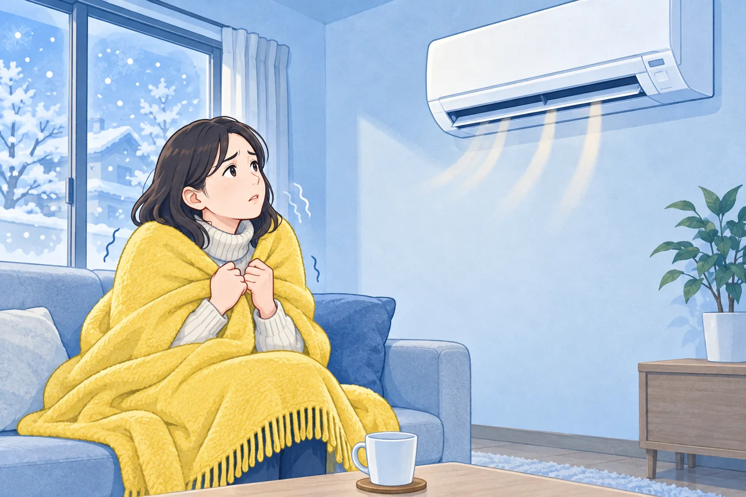 暖房が効かず毛布にくるまる人のイラスト