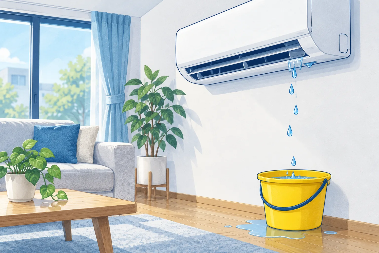 室内機から水が漏れる様子のイラスト