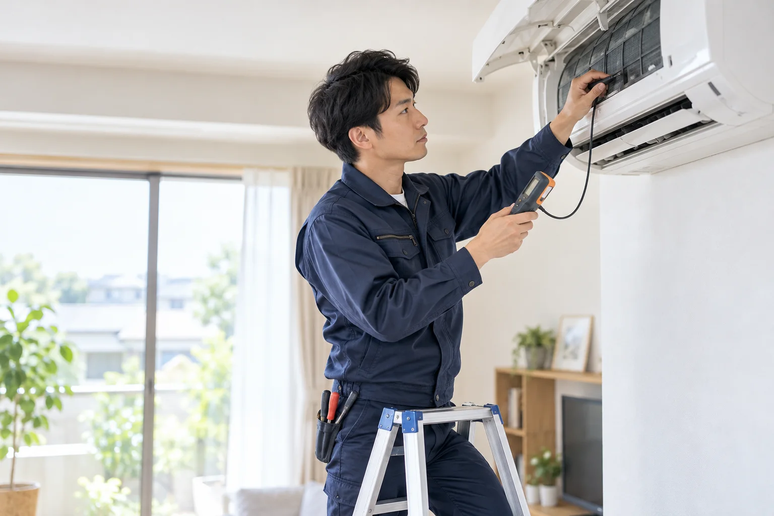 エアコンを点検する技術者の作業イメージ